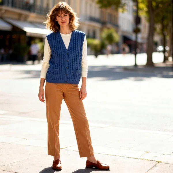 chaleco-sin-manga-azul-mujer-look-completo-yordall Chaleco sin manga azul mujer tejido trenzado cuello V con pantalón camel — Yordall Chile