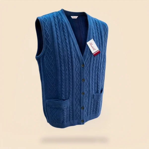 chaleco-sin-manga-azul-mujer-producto-etiqueta-yordall Chaleco sin manga azul mujer tejido trenzado cuello V con etiqueta — Yordall Chile