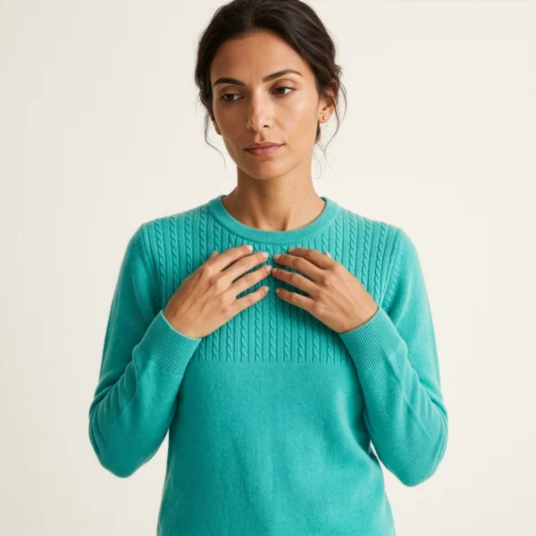 polera-alpaca-celeste-mujer-detalle-cara-manos-yordall Polera lana alpaca celeste mujer con panel trenzado en el pecho, cuello redondo, manga larga — Yordall Chile