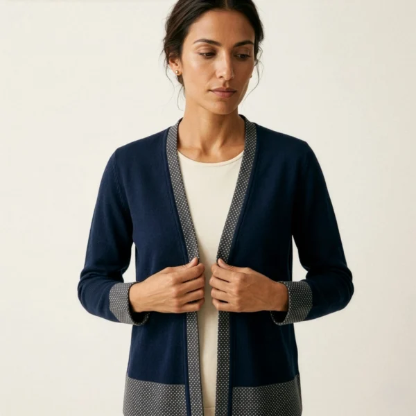cardigan-azul-marino-mujer-rostro Chaleco hilo azul marino mujer con detalle de puño — Yordall Chile