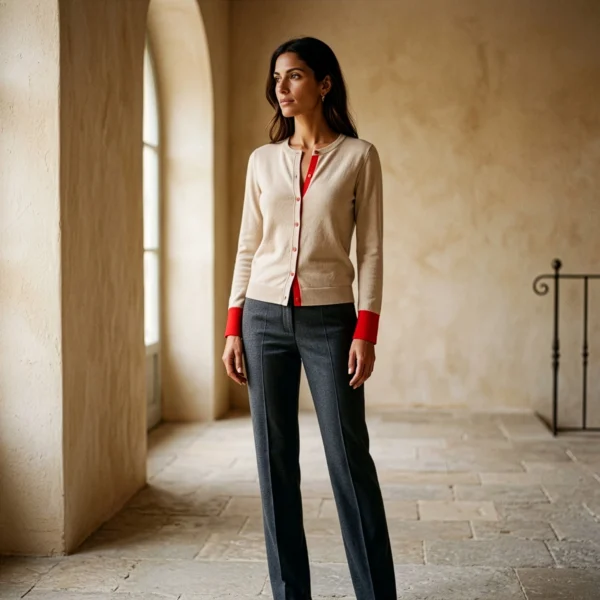 cardigan-beige-manga-roja-mujer-cuerpo-completo Chaleco Bicolor Beige y Rojo · Manga Larga · Yordall