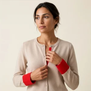 cardigan-beige-manga-roja-mujer-rostro Chaleco bicolor mujer beige con mangas rojas detalle puño — Yordall Chile