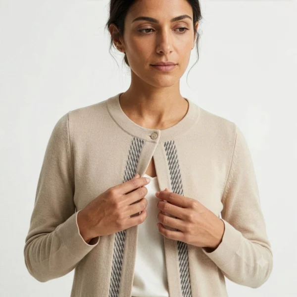 cardigan-beige-mujer-rostro Chaleco hilo beige mujer con botones frontales — Yordall Chile
