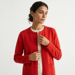 cardigan-hilo-rojo-mujer-detalle-cara-manos-yordallwebp Cardigan Rojo Mujer Chile · Cuello Redondo · Yordall