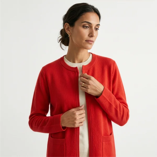 cardigan-hilo-rojo-mujer-detalle-cara-manos-yordallwebp Cardigan Rojo Mujer Chile · Cuello Redondo · Yordall