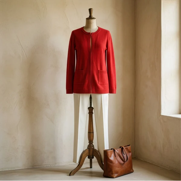 cardigan-hilo-rojo-mujer-maniqui-palazzo-yordall Cardigan Hilo Rojo Mujer · Cuello Redondo · Yordall