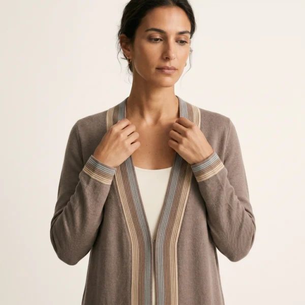 chaleco-largo-alpaca-taupe-mujer-detalle-cara-manos-yordall chaleco largo lana alpaca mujer chile