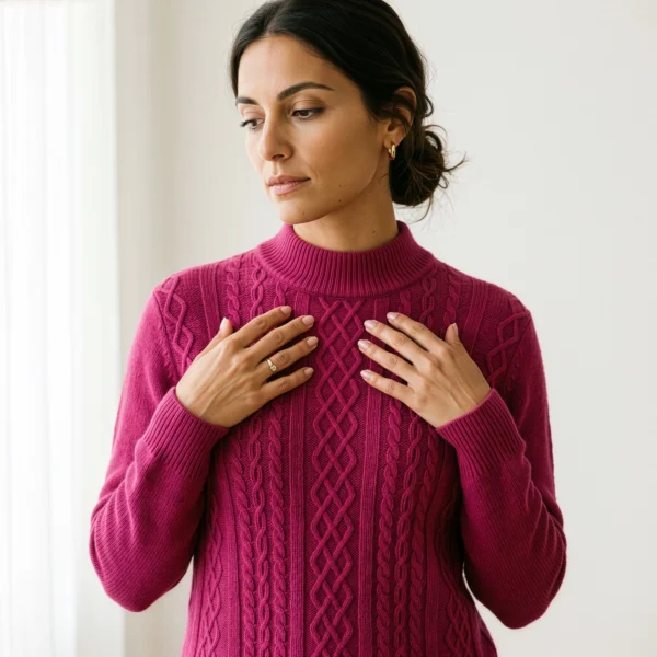 polera-alpaca-fucsia-mujer-detalle-cara-manos-yordall polera lana alpaca fucsia mujer chile