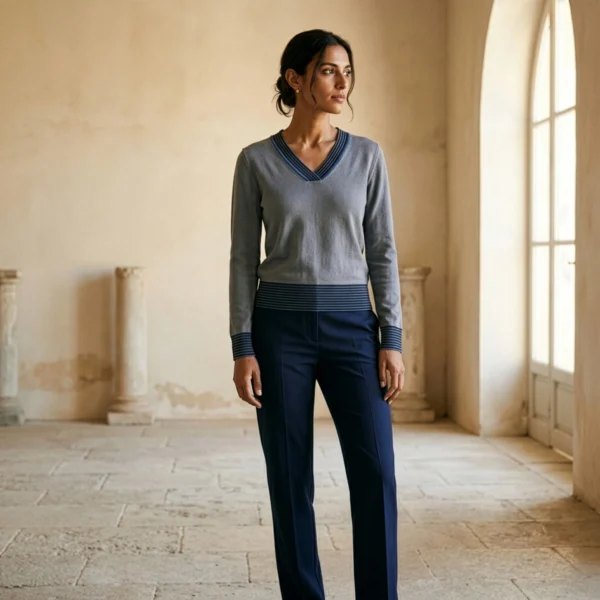 polera-cuello-v-gris-mujer-cuerpo-completo Polera Hilo Gris · Cuello V · Manga Larga · Yordall