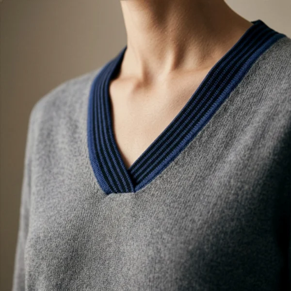 polera-cuello-v-gris-mujer-detalle-cuello Polera Hilo Gris · Cuello V · Manga Larga · Yordall