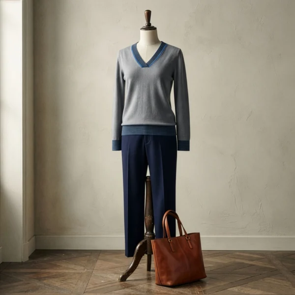 polera-cuello-v-gris-mujer-maniqui-atelier Polera Hilo Gris · Cuello V · Manga Larga · Yordall