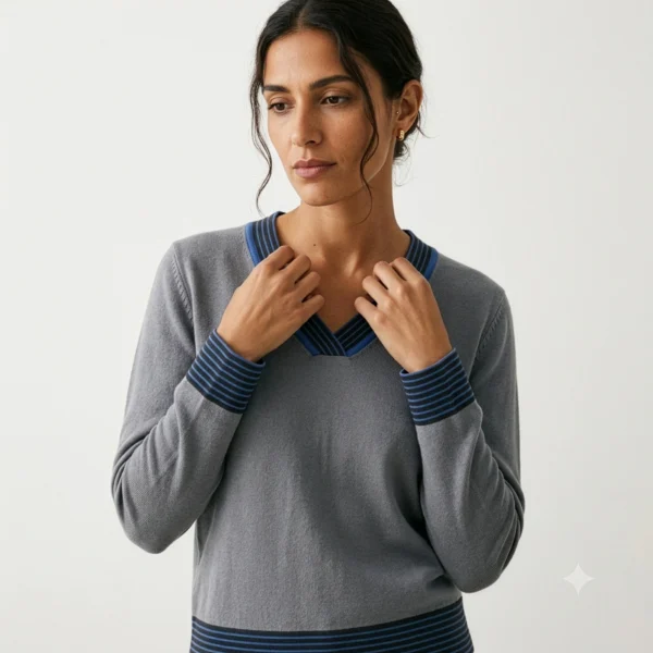 polera-cuello-v-gris-mujer-rostro Polera hilo mujer gris cuello V manga larga — Yordall Chile