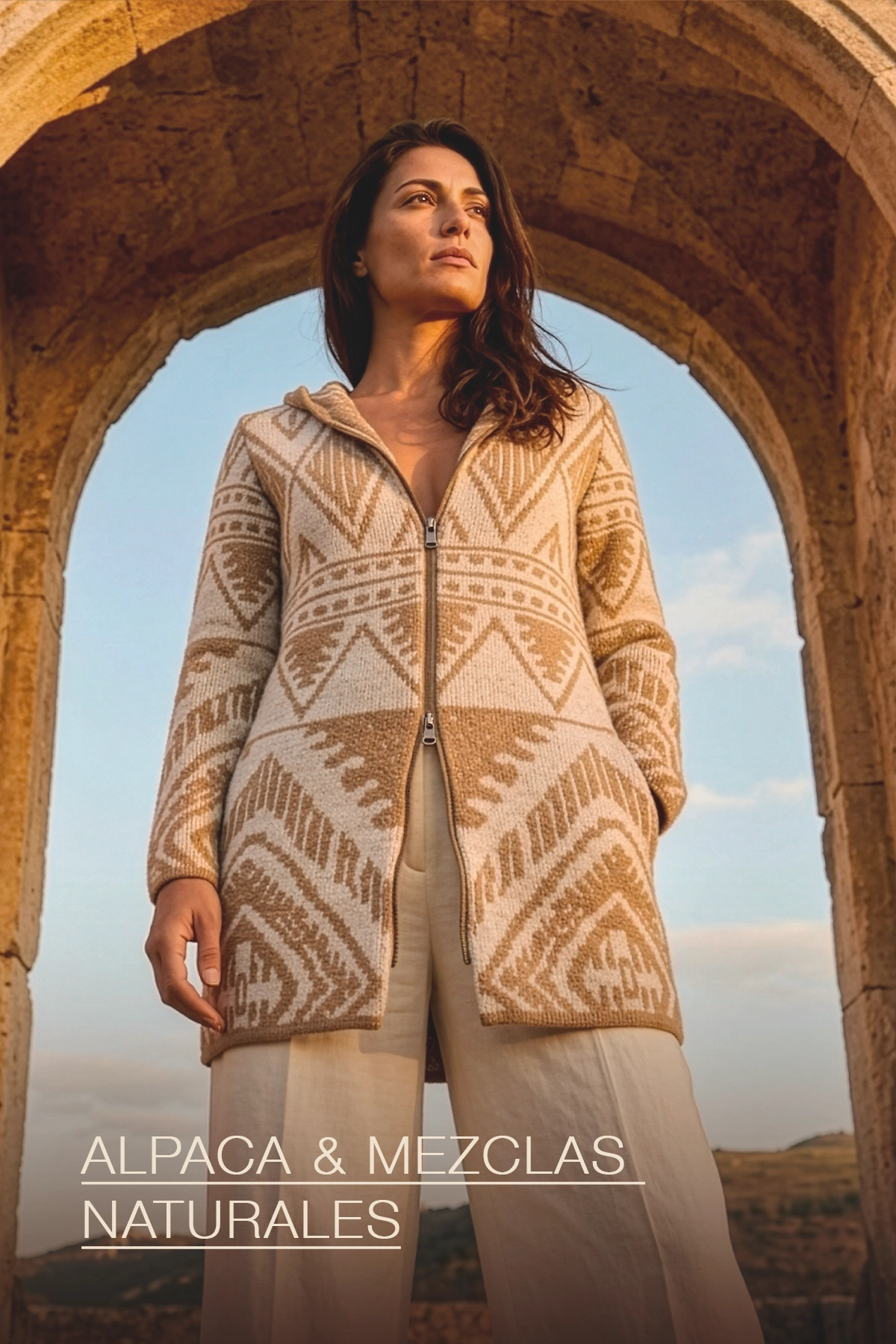 Categoría alpaca y mezclas naturales mujer cardigan geométrico étnico beige camel con cierre - Yordall Chile