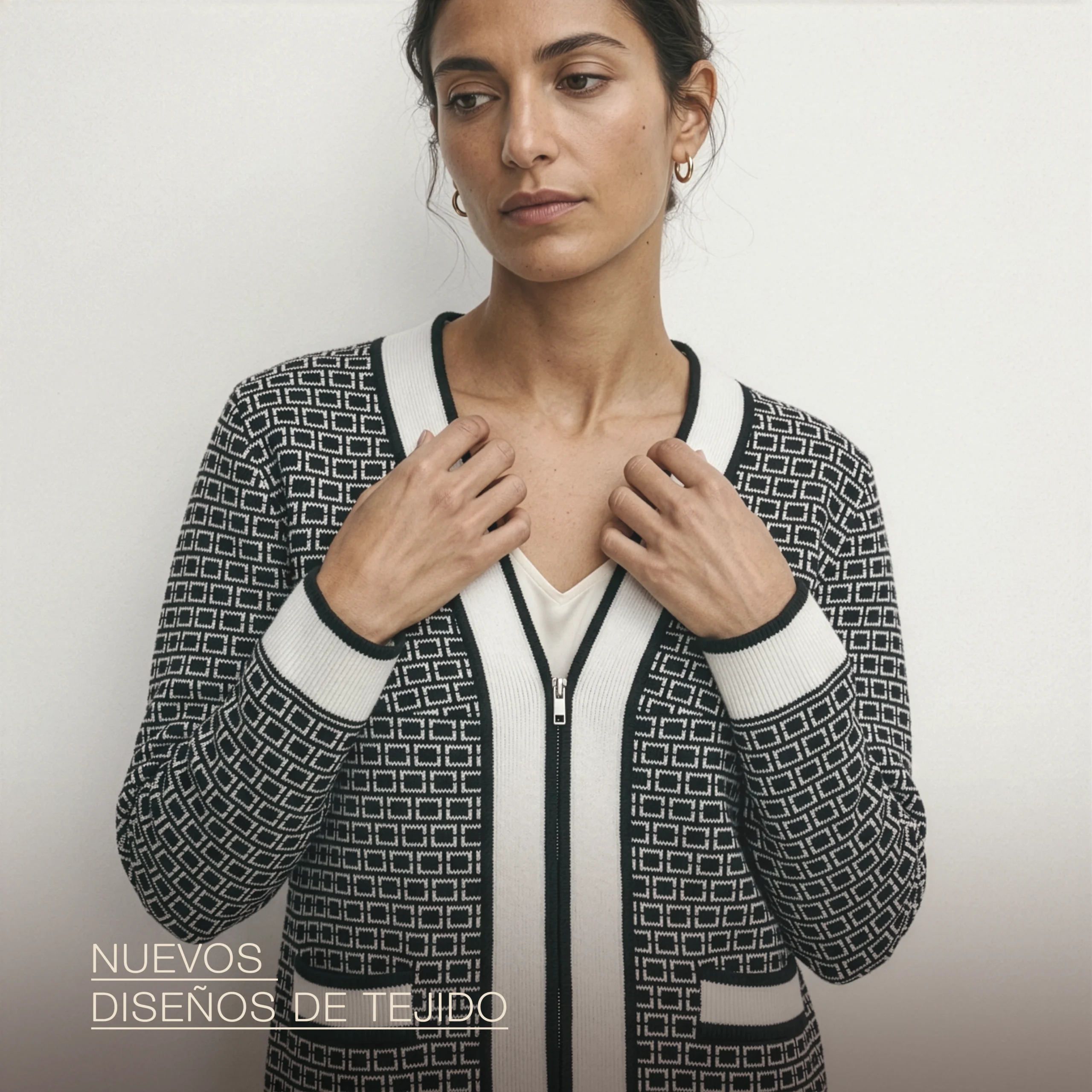 Categoría nuevos diseños de tejido cardigan jacquard geométrico negro blanco cierre plateado - Yordall Chile
