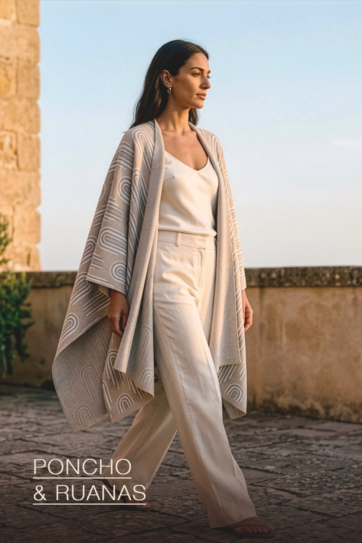 Categoría poncho y ruanas mujer alpaca gris perla estampado arcos geométricos - Yordall Chile