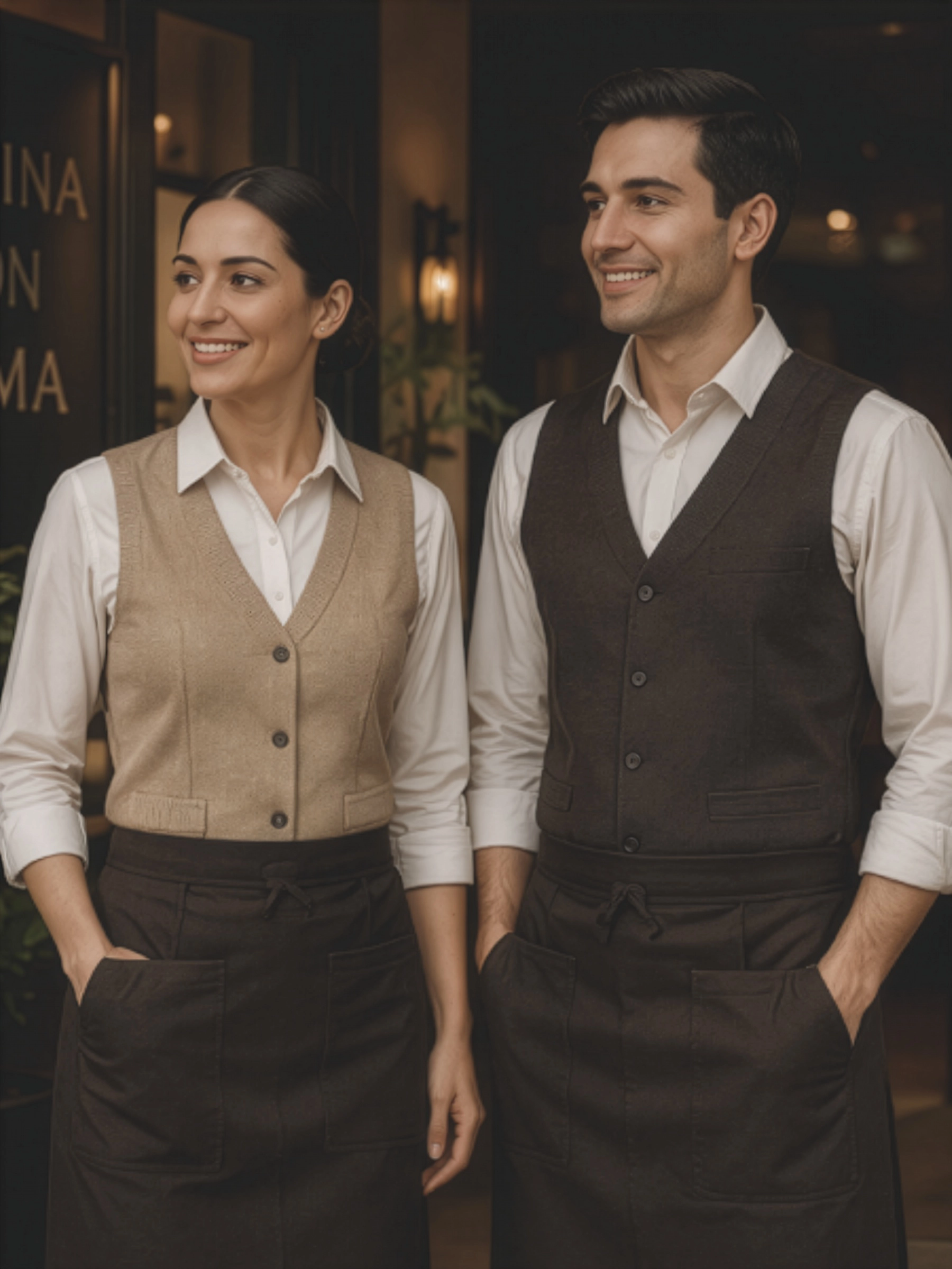 Uniformes de hostelería con chaleco y delantal en lino