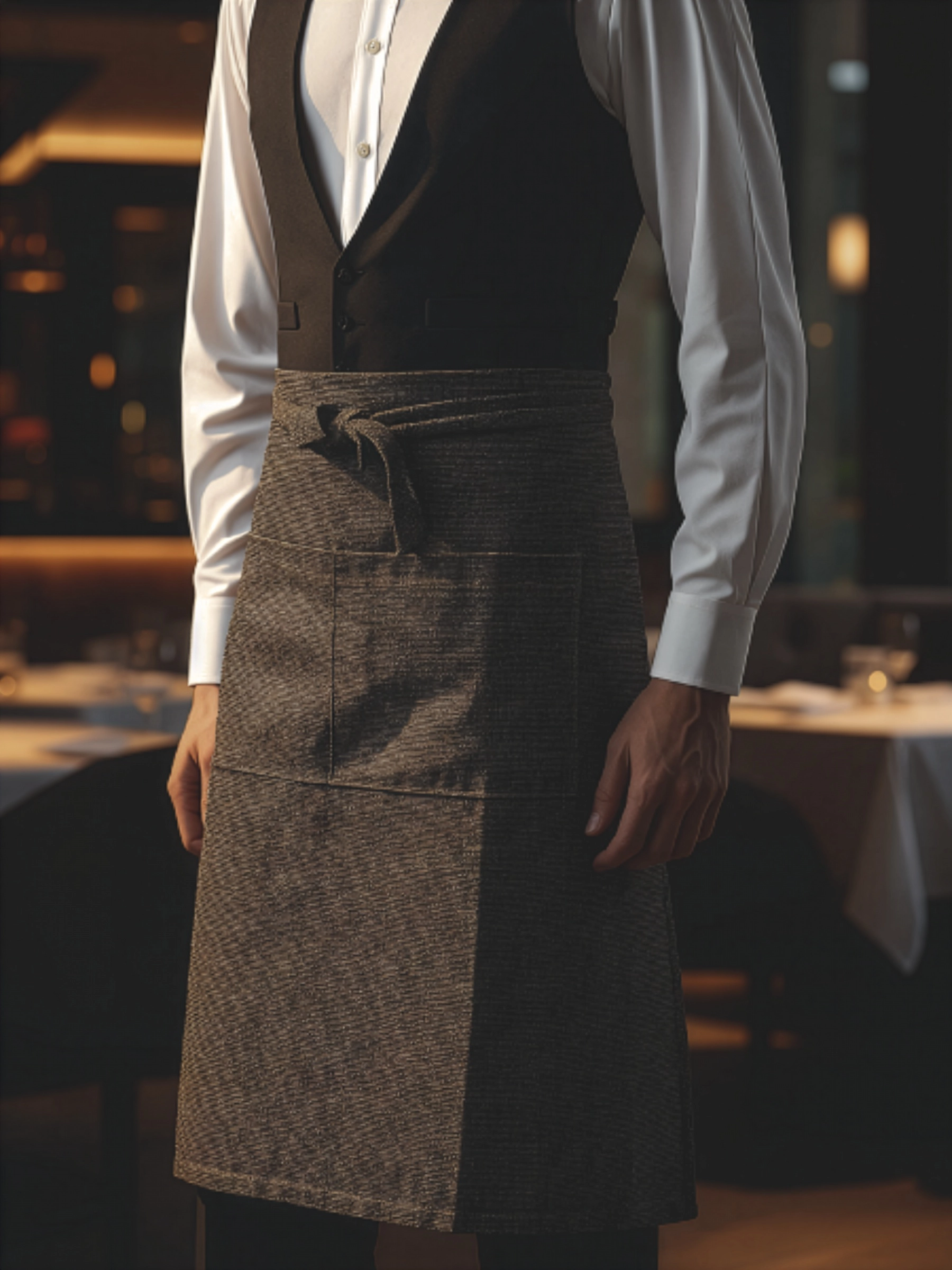 Uniforme de mesero con delantal en fibra de alpaca para restaurant