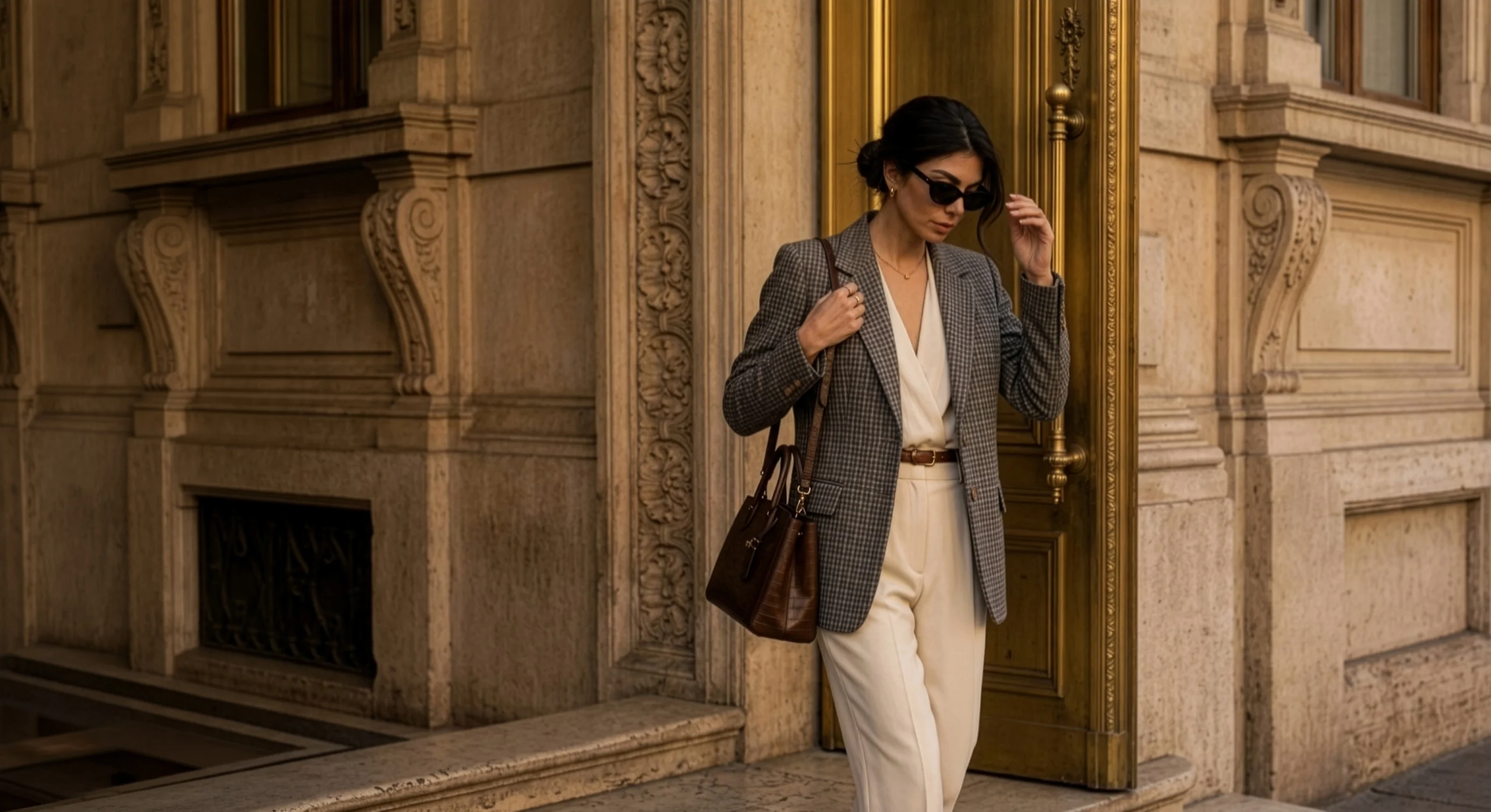 Mujer con blazer de tweed y conjunto marfil saliendo de portal dorado de palazzo italiano, temporada Otoño Invierno – Yordall Chile