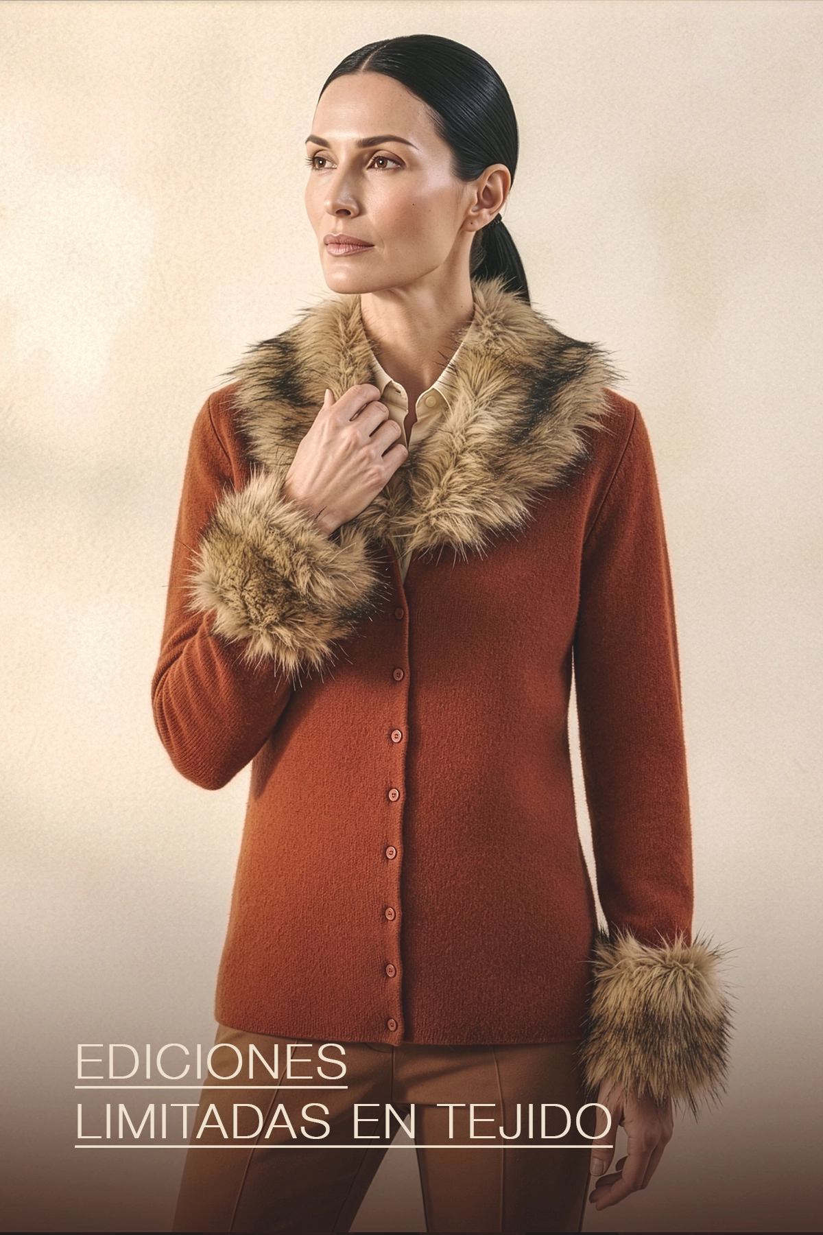 Cardigan terracota edición limitada con cuello y puños de pelo — Yordall Chile