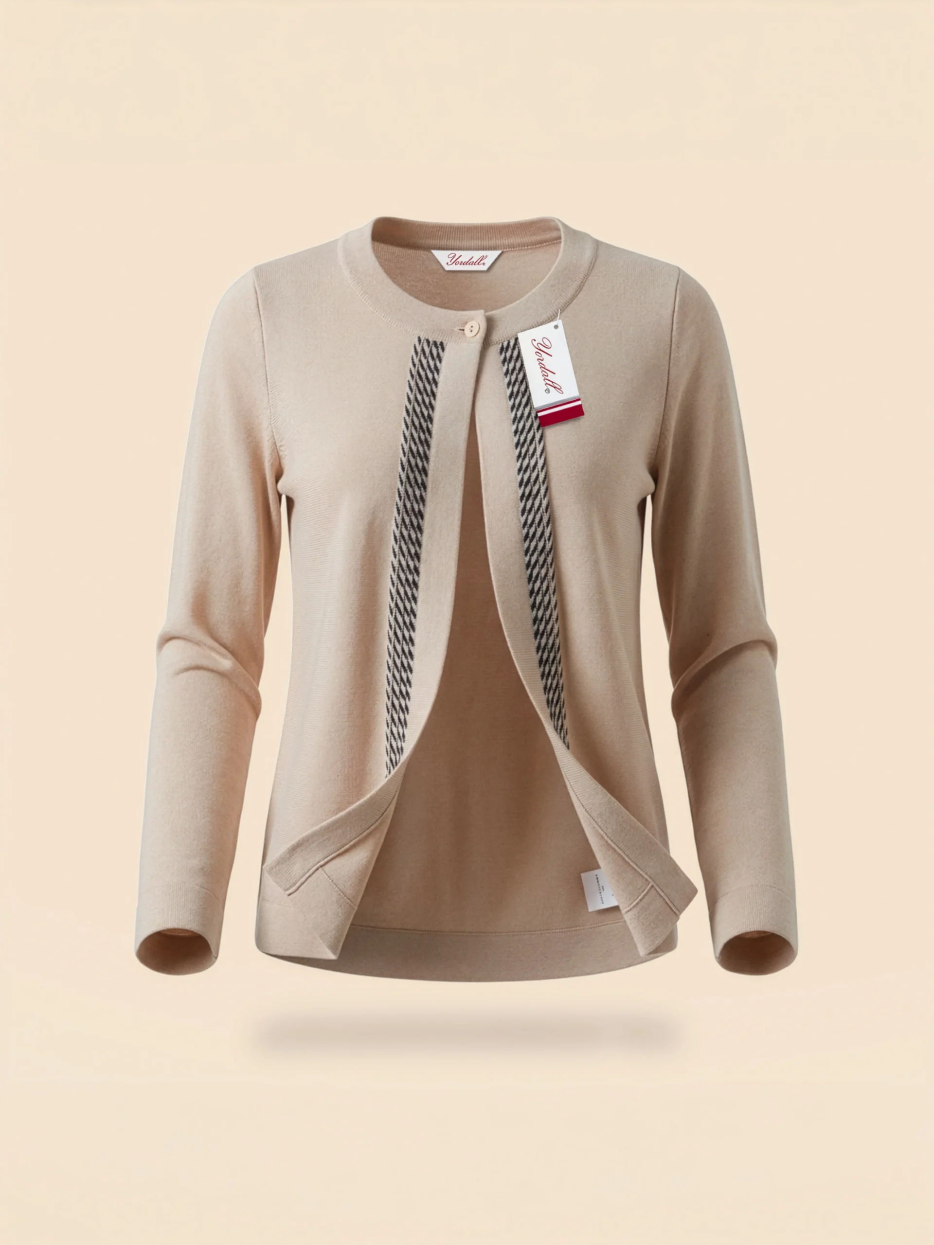 Chaleco de hilo beige de manga larga para mujer sobre fondo crema – Yordall Chile