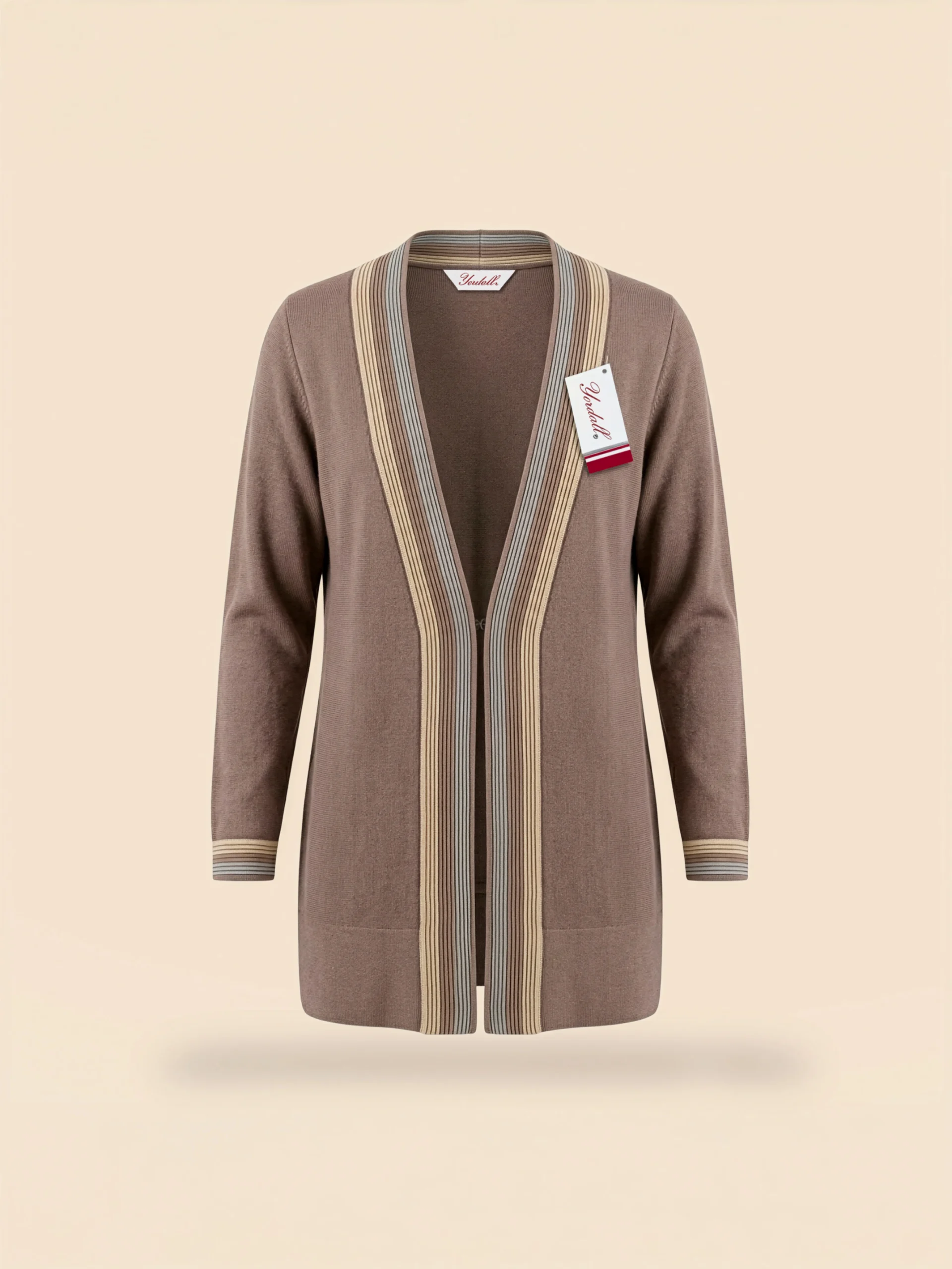 Chaleco de lana color taupe de manga larga para mujer sobre fondo crema – Yordall Chile