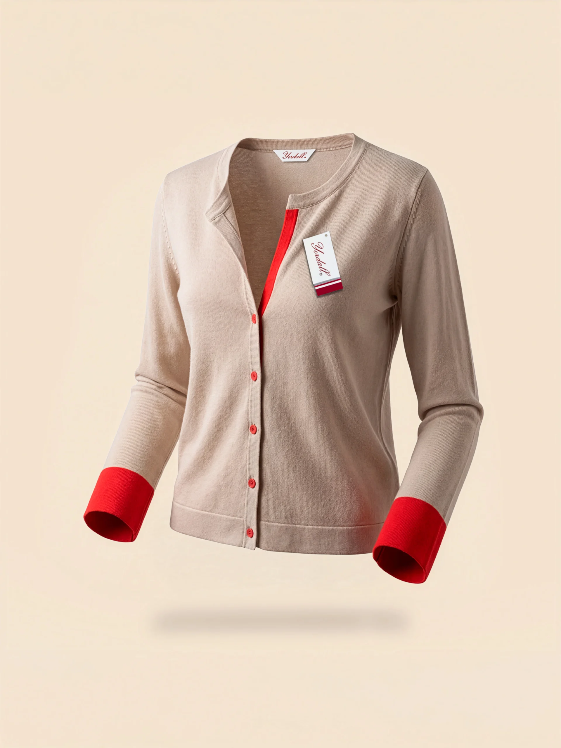 Chaleco beige de manga larga con detalle en puños para mujer sobre fondo crema – Yordall Chile