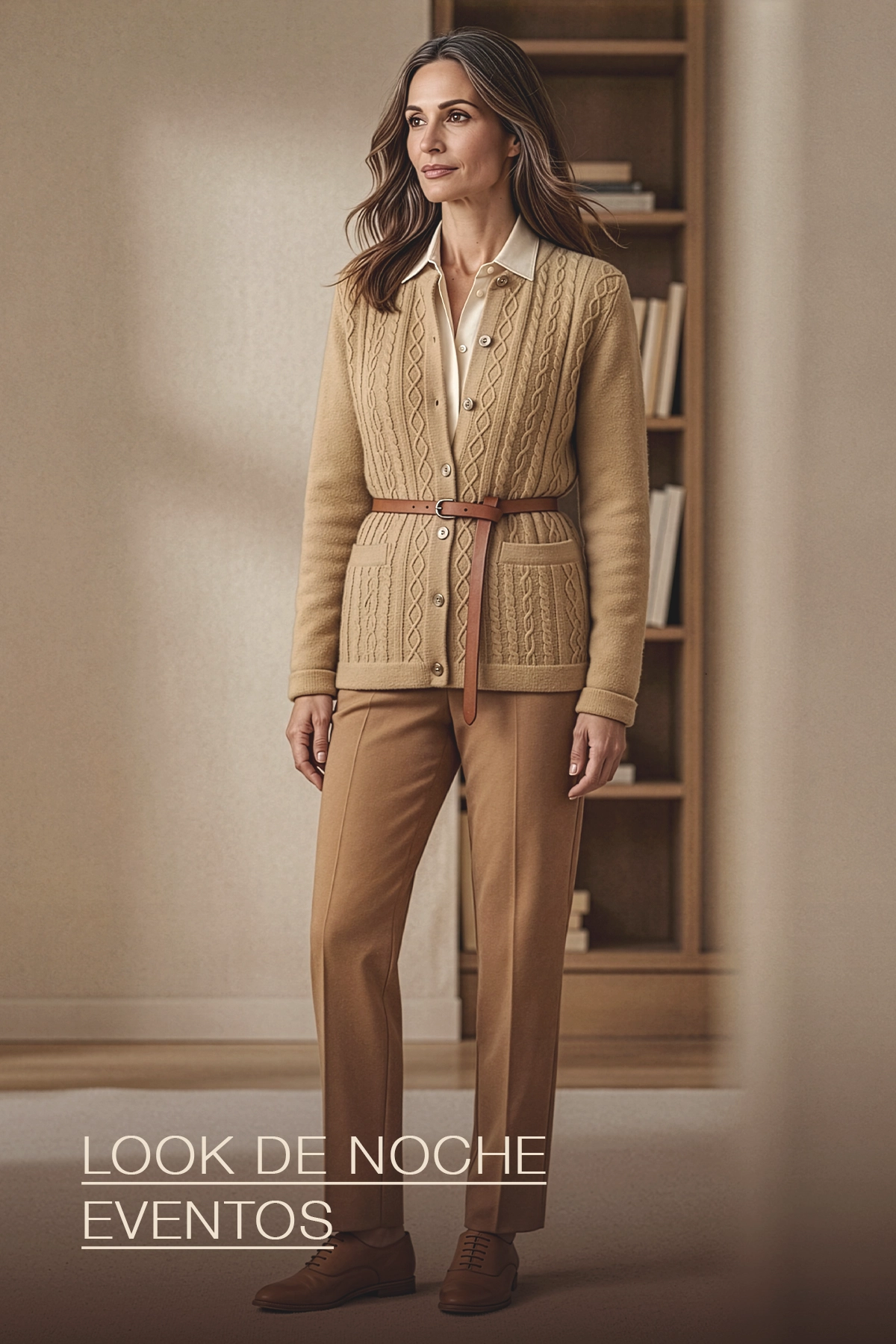 Combinación clásica mujer con cardigan camel tejido trenzado — Yordall Chile