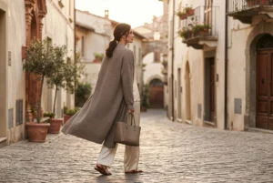 Mujer con cardigan largo taupe sobre conjunto marfil caminando por calle italiana – blog de estilo Yordall Chile