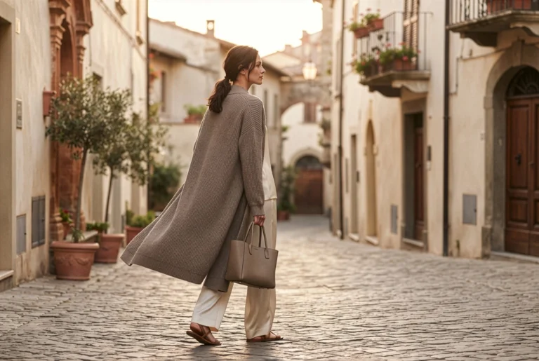 Mujer con cardigan largo taupe sobre conjunto marfil caminando por calle italiana – blog de estilo Yordall Chile