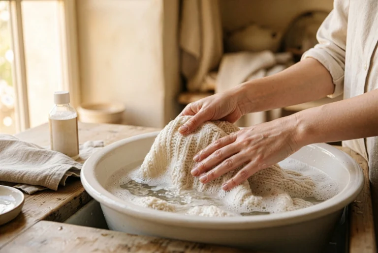Manos lavando a mano un suéter de lana crema en agua fría – blog de estilo Yordall Chile