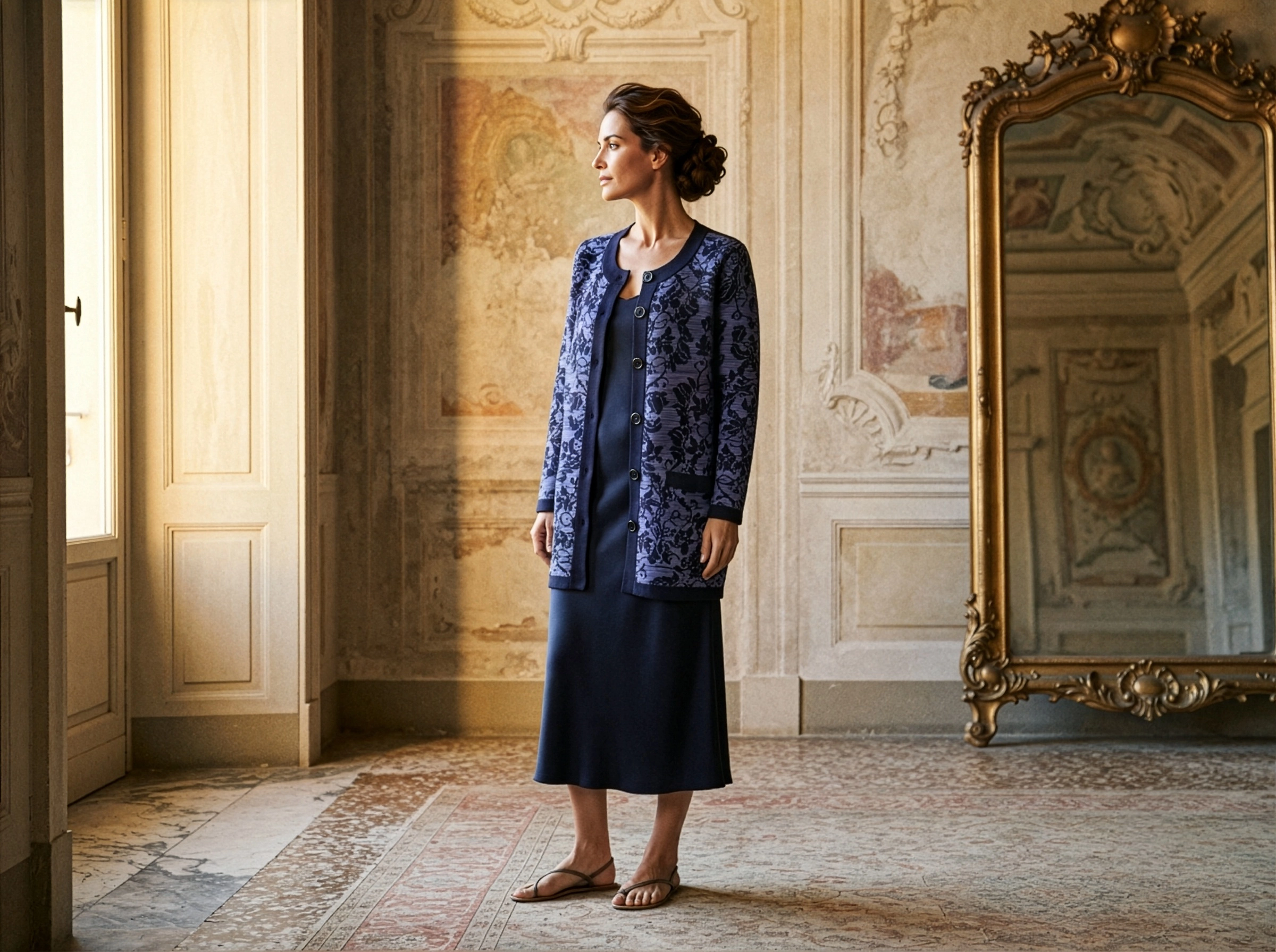 Mujer con abrigo largo de punto jacquard floral azul con ribetes marino en salón de palazzo – Ediciones Limitadas Yordall