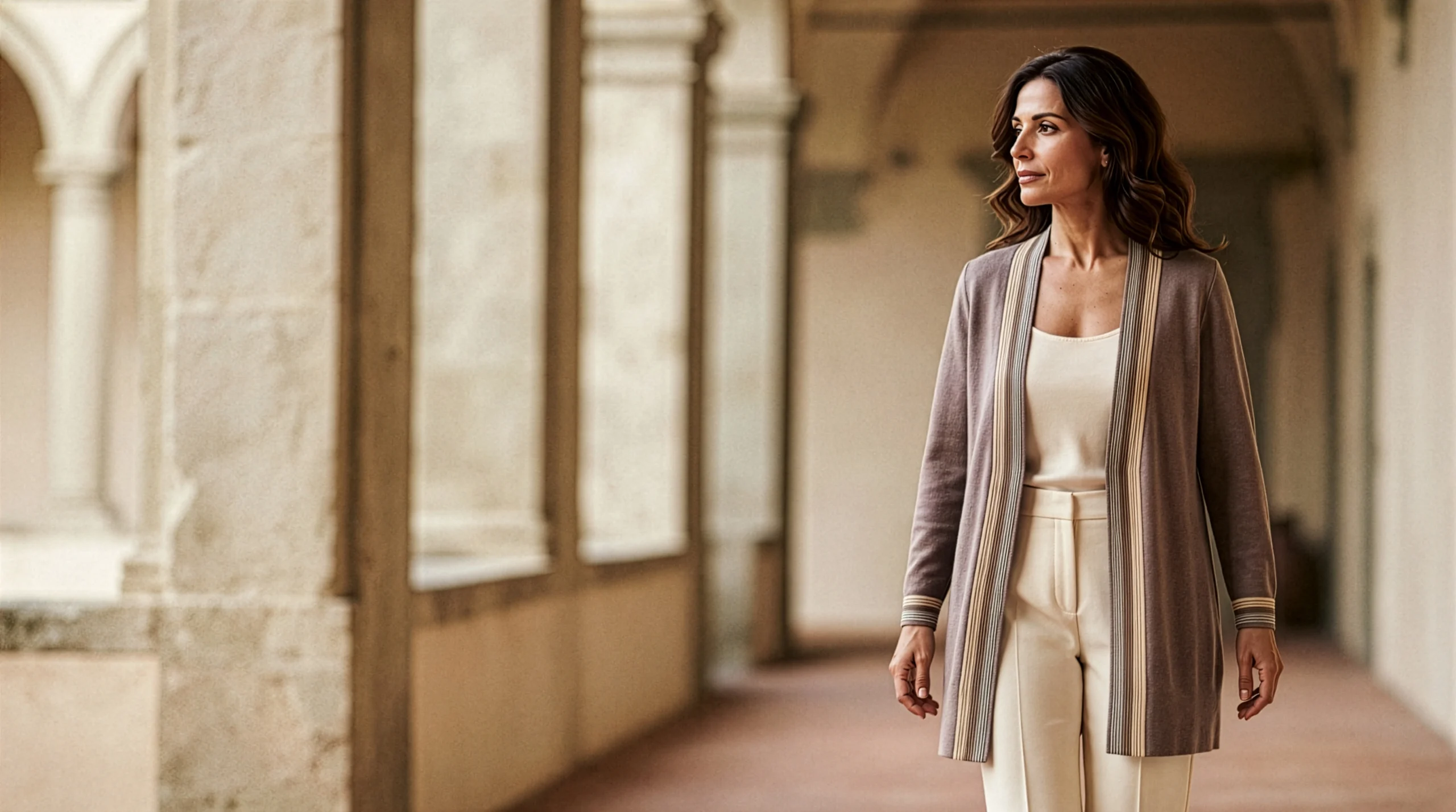 Mujer caminando con cardigan largo taupe con ribetes de rayas sobre conjunto marfil, en corredor de arcos de palazzo italiano – Yordall Chile