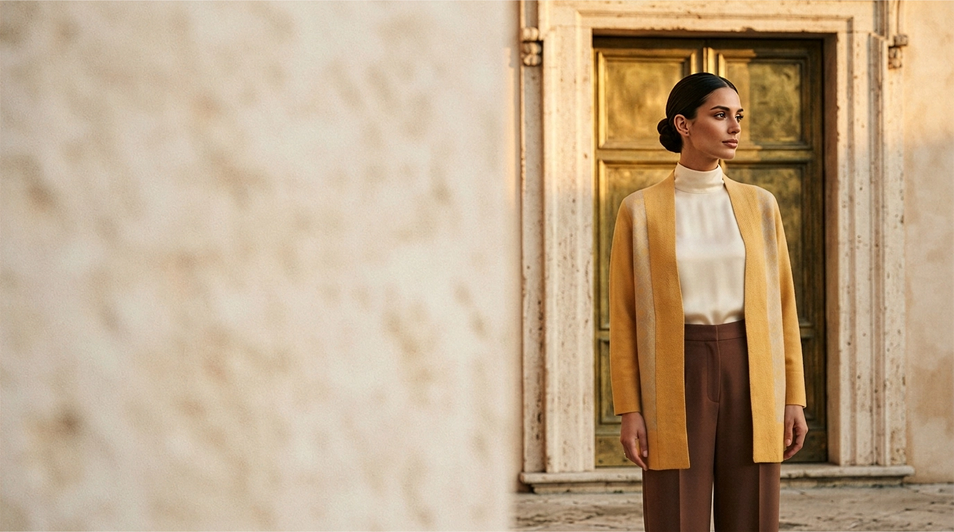 Mujer con cardigan mostaza de lana y alpaca sobre blusa marfil, frente a puerta dorada de palazzo italiano – Yordall Chile