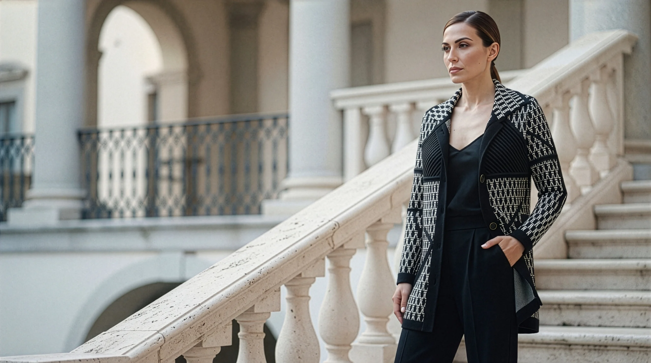 Mujer con chaqueta de punto jacquard geométrico negro y blanco sobre conjunto negro, en escalinata de piedra de palazzo italiano – Yordall Chile