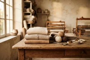 Mesa de atelier con prendas de punto, ovillos de lana natural y tijeras de sastre – historia de Yordall Chile