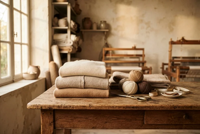 Mesa de atelier con prendas de punto, ovillos de lana natural y tijeras de sastre – historia de Yordall Chile