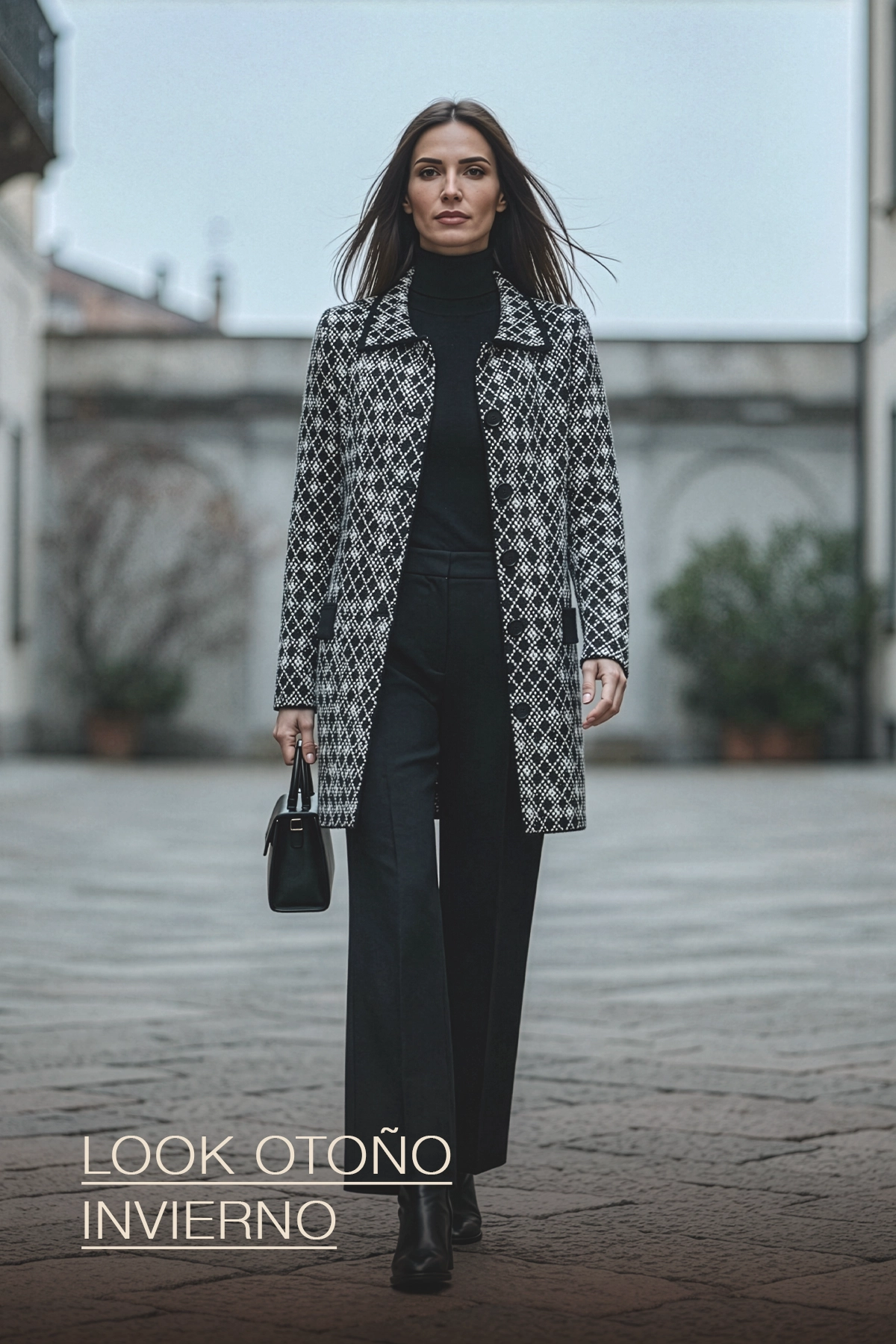 Look otoño invierno mujer con saco tejido rombos blanco y negro — Yordall Chile
