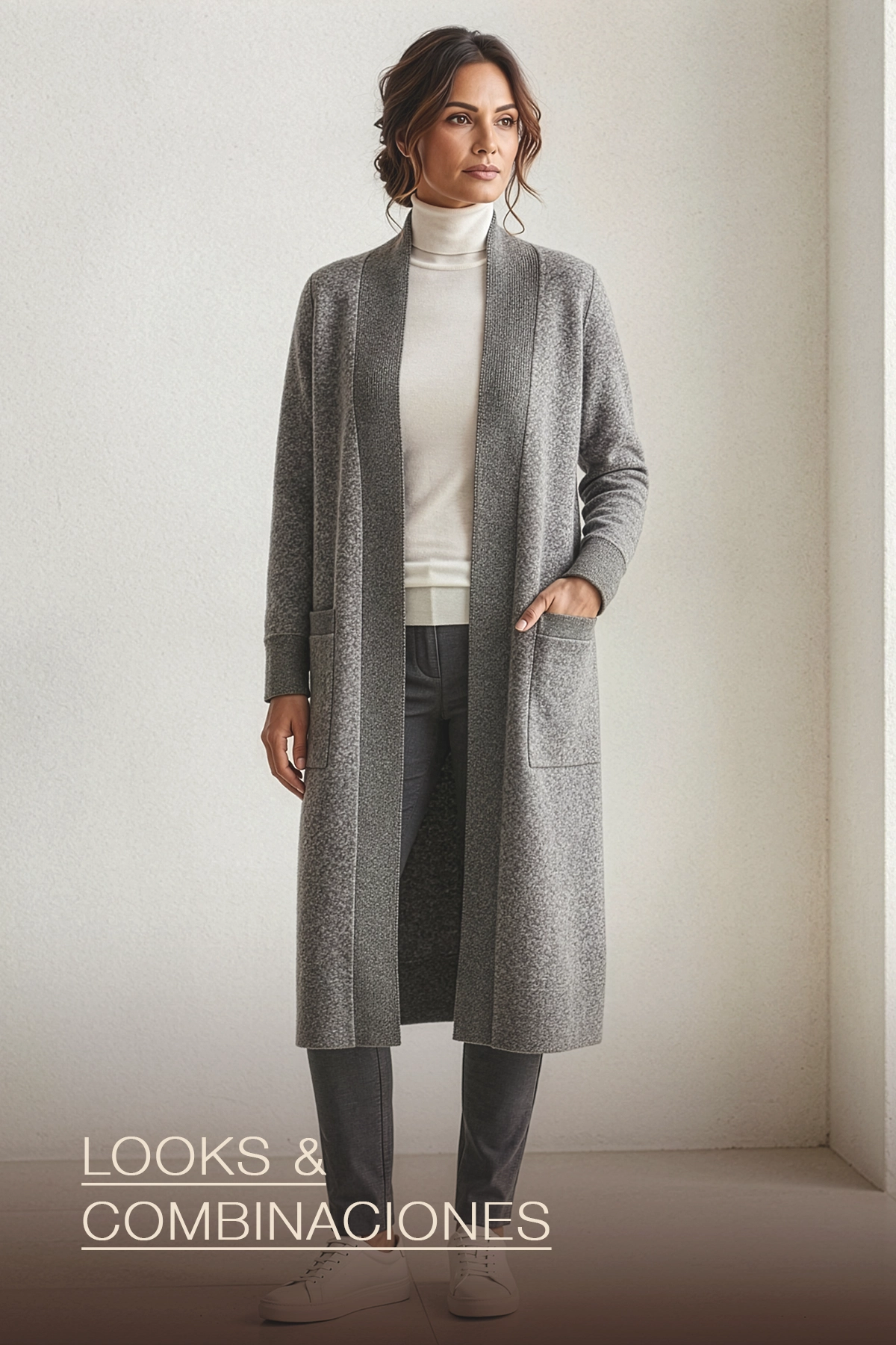 Look completo cardigan largo gris marl Yordall Chile — combinaciones outfit knitwear atelier