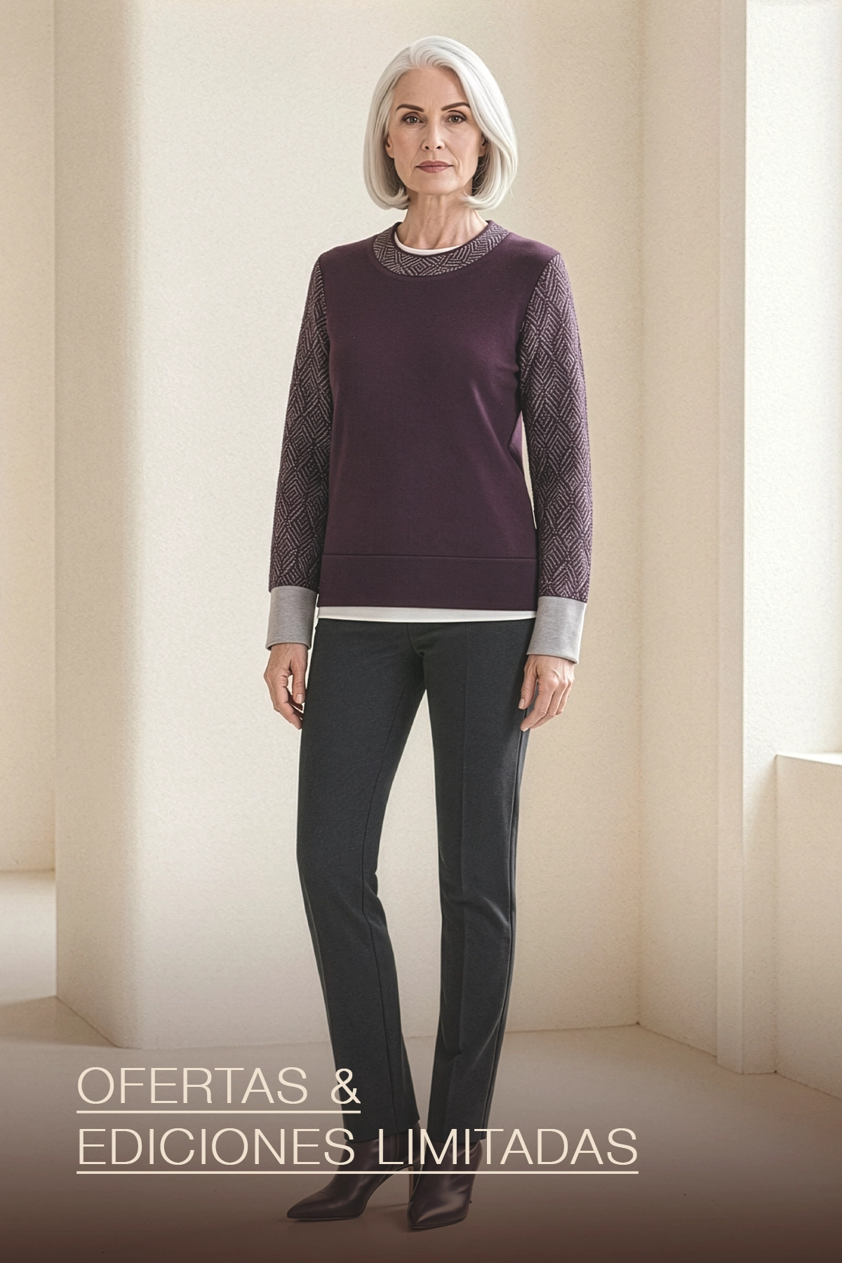 Sweater ciruela jacquard diamantes mangas contraste gris Yordall Chile — knitwear edición limitada