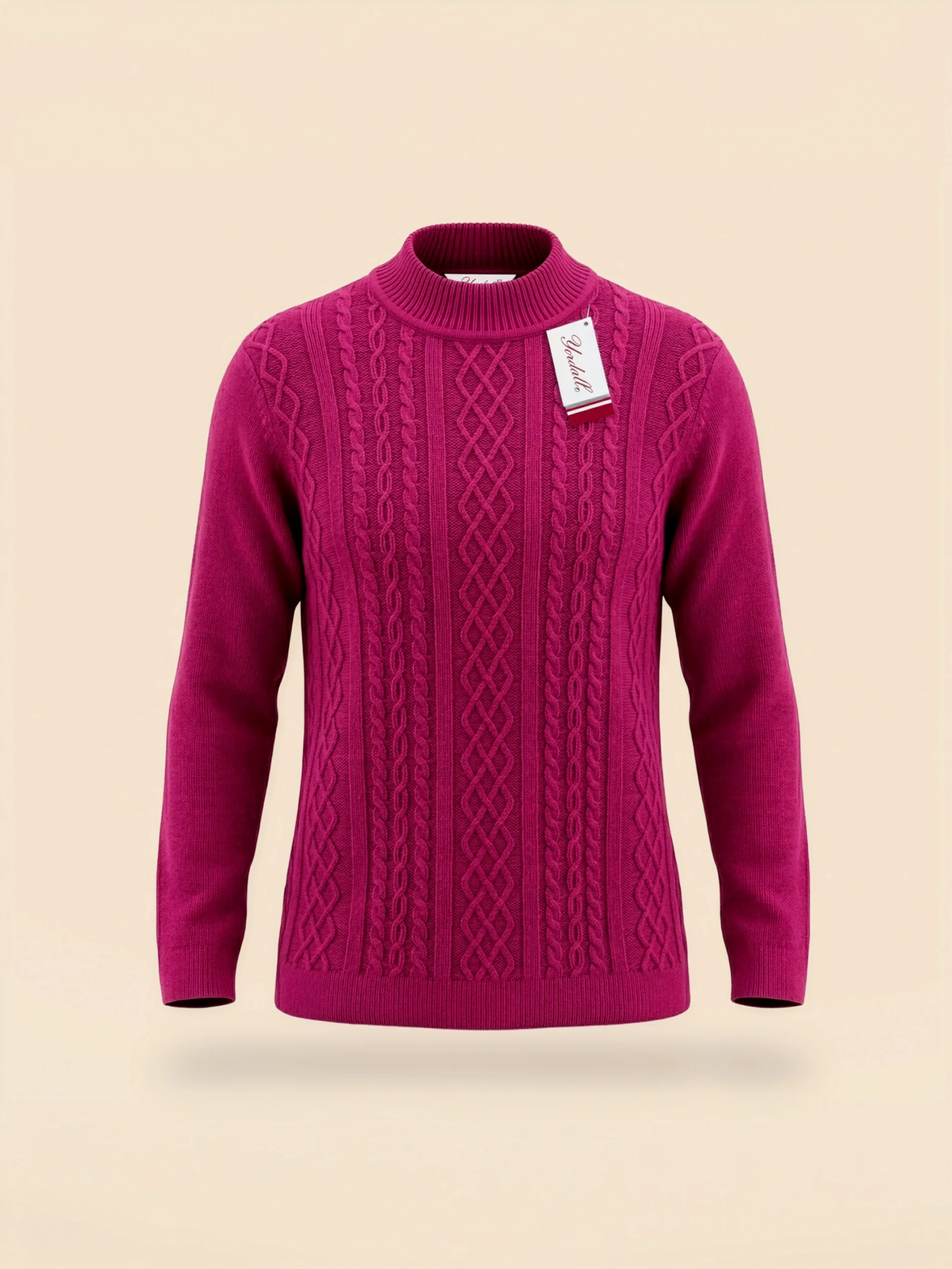 Polera de manga larga fucsia acanalada de lana para mujer sobre fondo crema – Yordall Chile