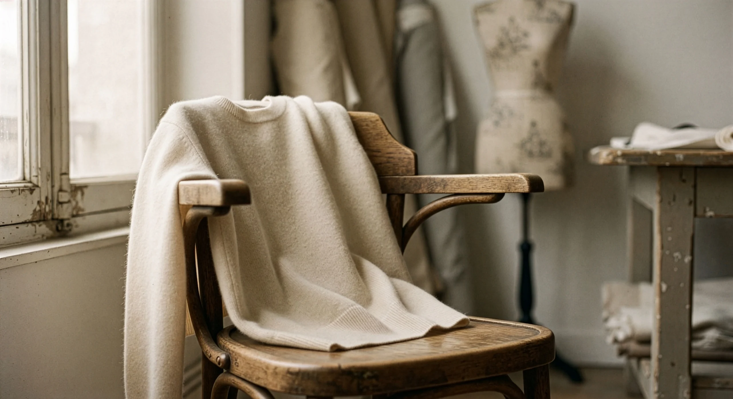 Prenda tejida en fibra natural sobre silla de atelier Yordall