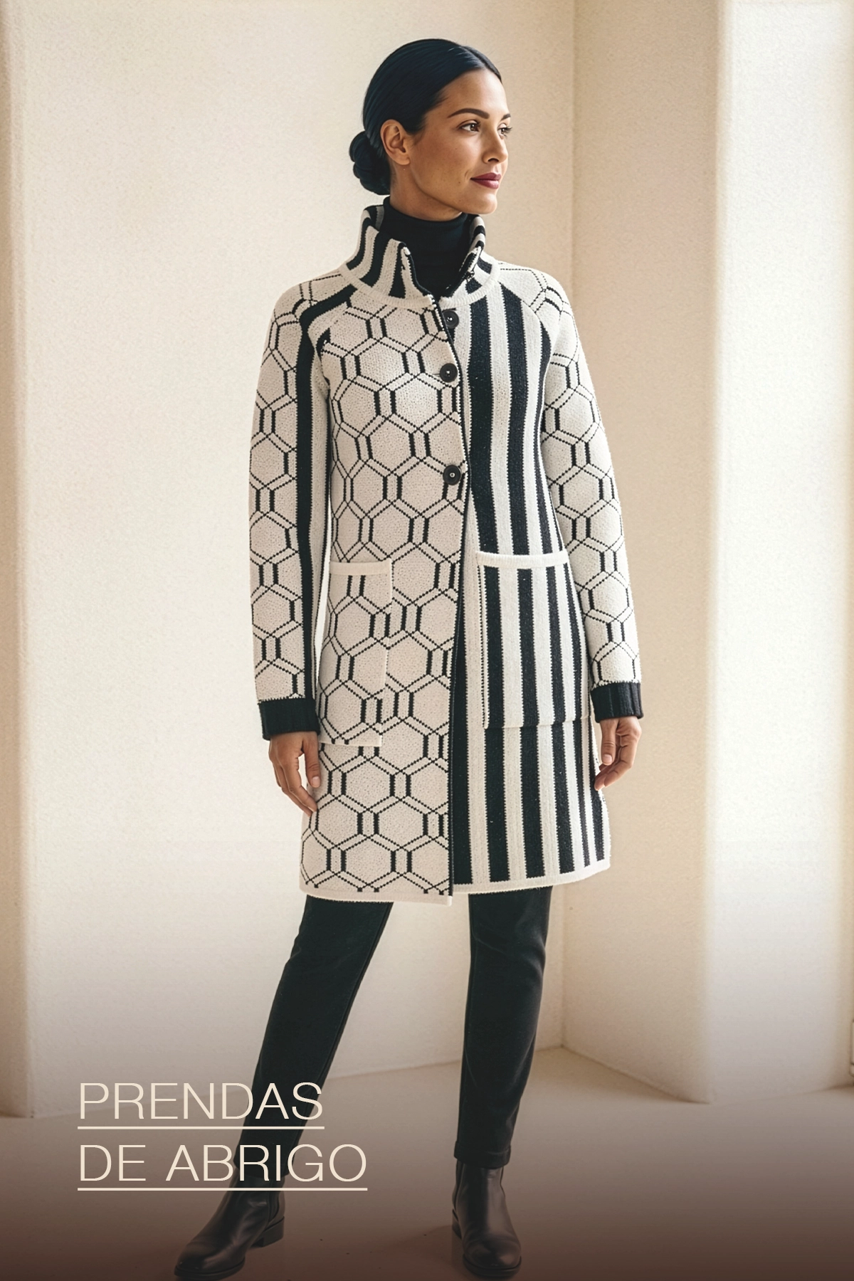 Abrigo tejido blanco y negro estampado geométrico hexagonal rayas — Yordall Chile knitwear