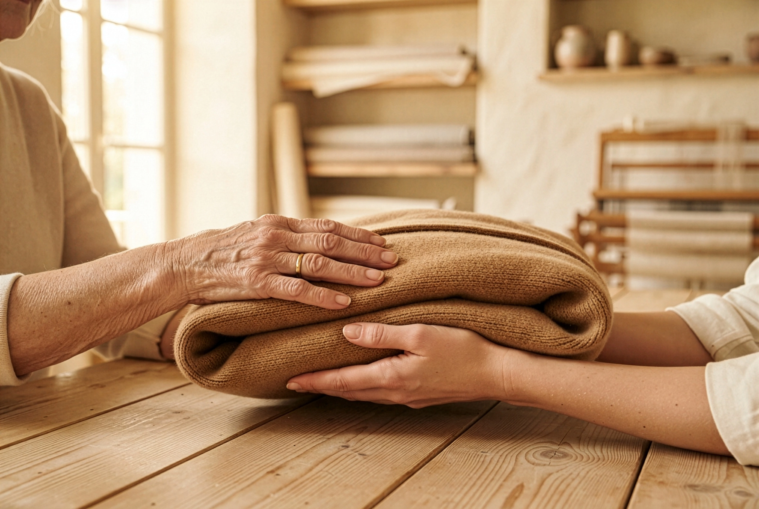 Manos de dos generaciones sosteniendo un tapado de punto camel – testimonios de clientas Yordall Chile