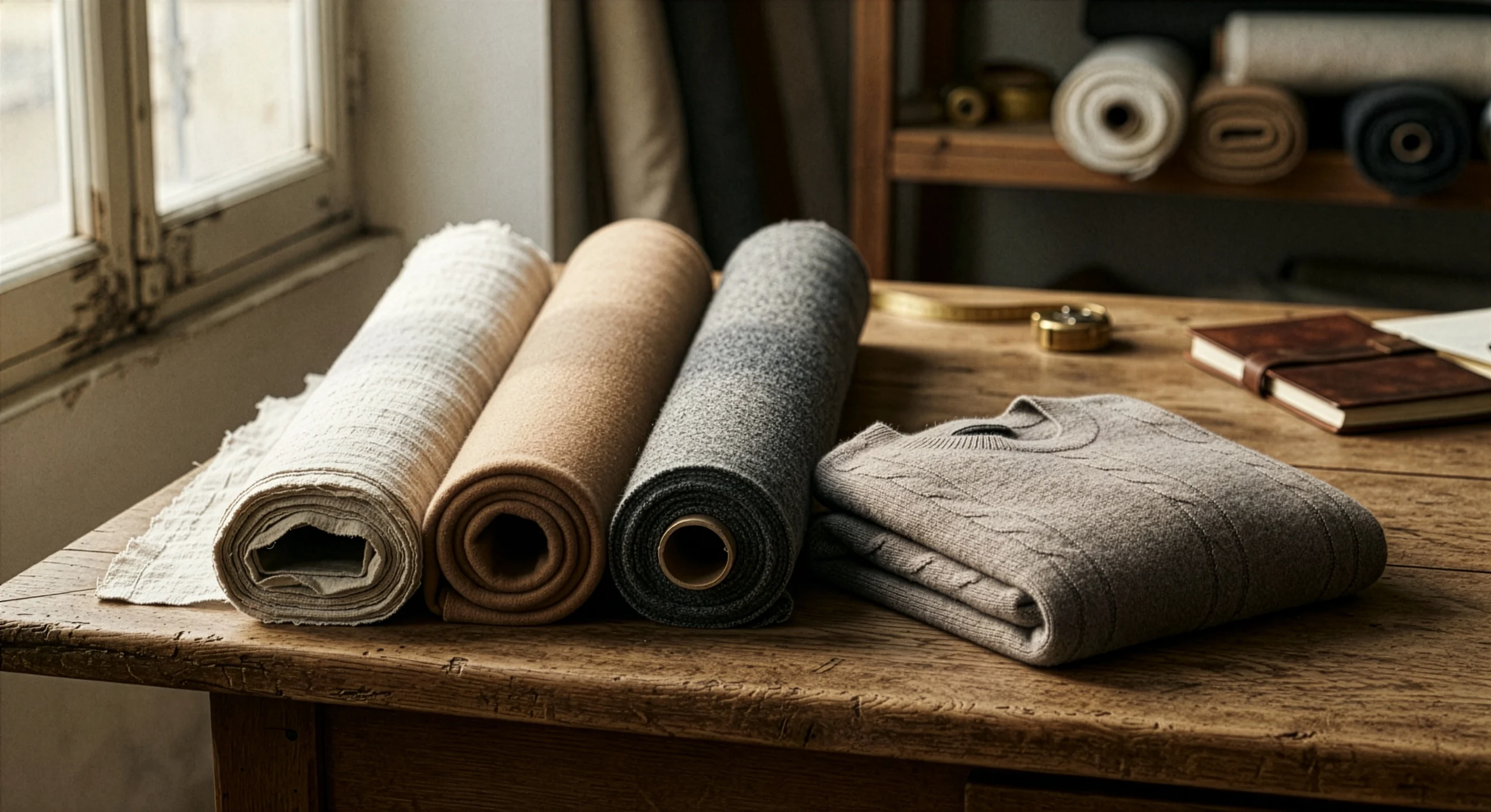 Rollos de tela natural y prenda tejida en atelier Yordall