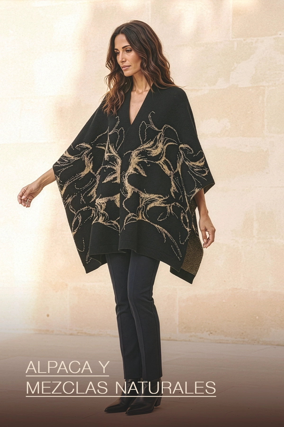 Poncho fino negro con estampado artístico dorado — Ruanas y Ponchos Finos Yordall Chile