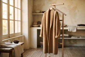 Tapado de alpaca color camel sobre perchero de madera junto a luz de ventana – blog de estilo Yordall Chile