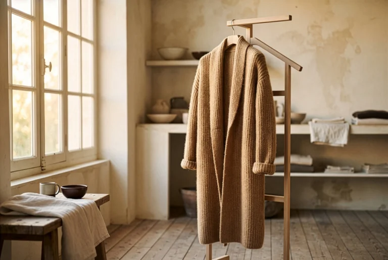 Tapado de alpaca color camel sobre perchero de madera junto a luz de ventana – blog de estilo Yordall Chile
