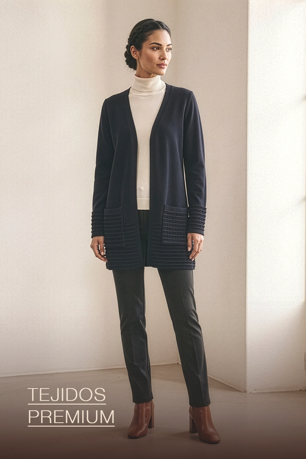 Cardigan tejido premium azul marino frente abierto paneles textura Yordall Chile — knitwear artesanal