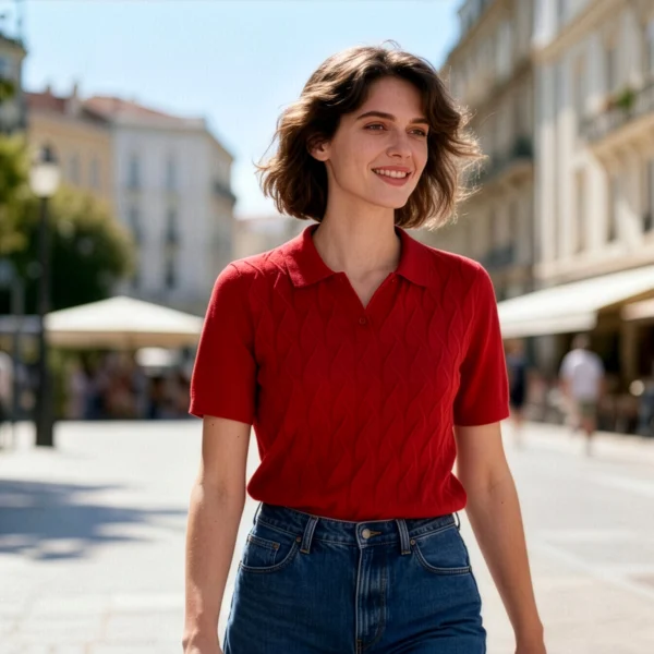 polera-manga-corta-roja-mujer-look-completo-yordall copia Polera manga corta roja mujer cuello polo con jeans look casual urbano — Yordall Chile