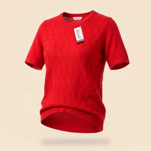 polera-manga-corta-roja-mujer-producto-yordall Polera manga corta roja mujer tejido texturizado con etiqueta — Yordall Chile